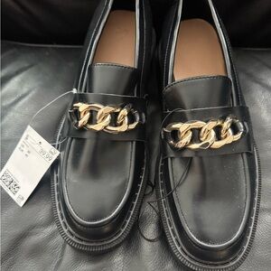 H&M Black Loafers with Gold Chain Accent - NWT